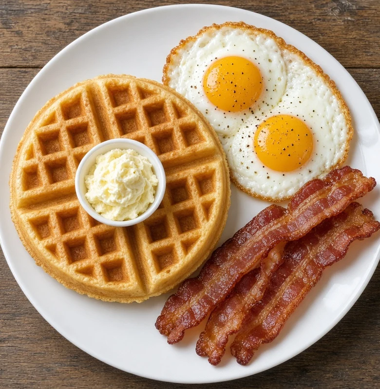 Waffle Slam with 2 Eggs at Fusion 28, Canadian and Asian breakfast and lunch restaurant in Regina, SK